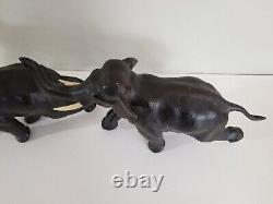 Antique Pair Meiji Period Signed Japanese Charging Elephants Bronze Sculpture