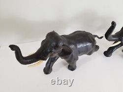 Antique Pair Meiji Period Signed Japanese Charging Elephants Bronze Sculpture