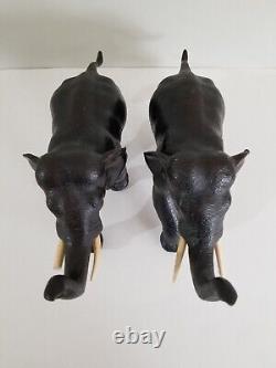 Antique Pair Meiji Period Signed Japanese Charging Elephants Bronze Sculpture