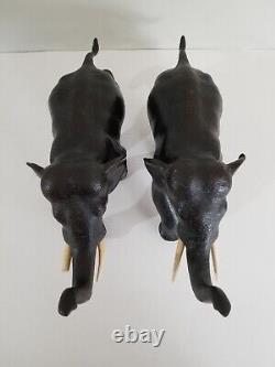 Antique Pair Meiji Period Signed Japanese Charging Elephants Bronze Sculpture