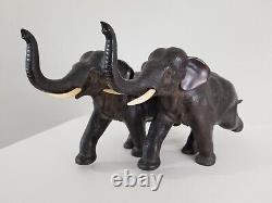 Antique Pair Meiji Period Signed Japanese Charging Elephants Bronze Sculpture