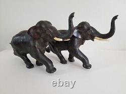 Antique Pair Meiji Period Signed Japanese Charging Elephants Bronze Sculpture