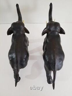 Antique Pair Meiji Period Signed Japanese Charging Elephants Bronze Sculpture