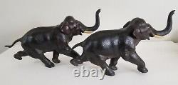 Antique Pair Meiji Period Signed Japanese Charging Elephants Bronze Sculpture