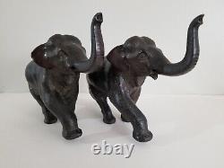 Antique Pair Meiji Period Signed Japanese Charging Elephants Bronze Sculpture