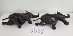 Antique Pair Meiji Period Signed Japanese Charging Elephants Bronze Sculpture