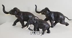 Antique Pair Meiji Period Signed Japanese Charging Elephants Bronze Sculpture