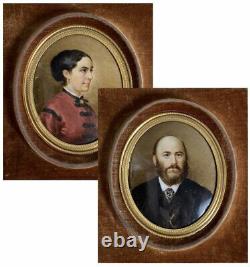 Antique Pair, Napoleon III Era French Oil on Porcelain Portrait Miniature Couple