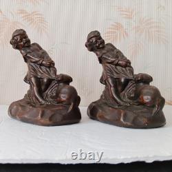 Antique Pair Of 1900-1940's Bronze Clad Bookends Signed (Artist S. Morani) N. Y