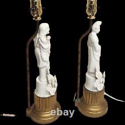 Antique Pair Of 2 Blanc De Chine Chinese Goddess Immortals Table Lamp