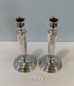 Antique Pair Of 9 Sterling Silver Candlestick Holders Etched Design 191g Signed