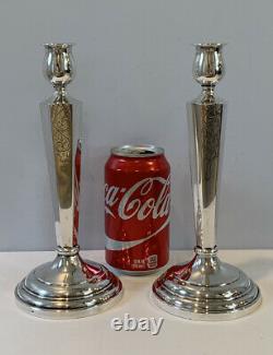 Antique Pair Of 9 Sterling Silver Candlestick Holders Etched Design 191g Signed