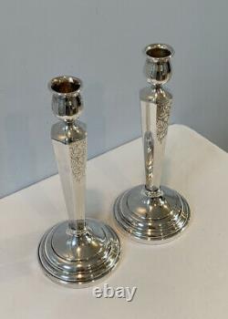 Antique Pair Of 9 Sterling Silver Candlestick Holders Etched Design 191g Signed