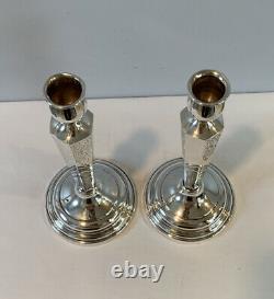 Antique Pair Of 9 Sterling Silver Candlestick Holders Etched Design 191g Signed