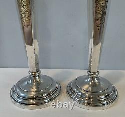Antique Pair Of 9 Sterling Silver Candlestick Holders Etched Design 191g Signed