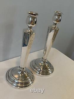 Antique Pair Of 9 Sterling Silver Candlestick Holders Etched Design 191g Signed