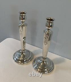 Antique Pair Of 9 Sterling Silver Candlestick Holders Etched Design 191g Signed