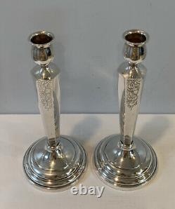 Antique Pair Of 9 Sterling Silver Candlestick Holders Etched Design 191g Signed