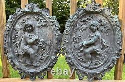 Antique Pair Of Architectural Cast Bronze Plaques Boy + Girl 17 X 12.5 Each