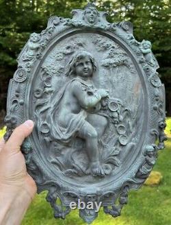 Antique Pair Of Architectural Cast Bronze Plaques Boy + Girl 17 X 12.5 Each