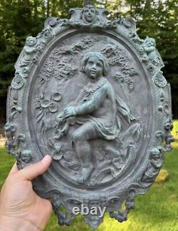 Antique Pair Of Architectural Cast Bronze Plaques Boy + Girl 17 X 12.5 Each