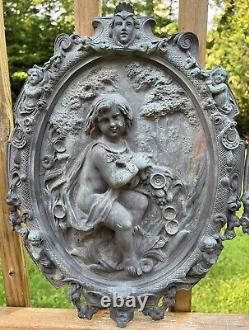 Antique Pair Of Architectural Cast Bronze Plaques Boy + Girl 17 X 12.5 Each