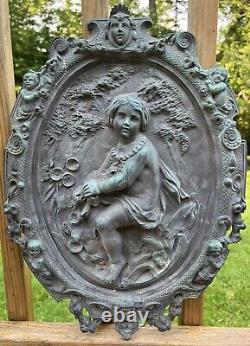 Antique Pair Of Architectural Cast Bronze Plaques Boy + Girl 17 X 12.5 Each