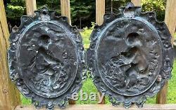 Antique Pair Of Architectural Cast Bronze Plaques Boy + Girl 17 X 12.5 Each