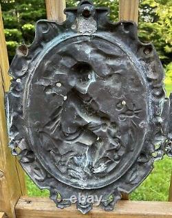 Antique Pair Of Architectural Cast Bronze Plaques Boy + Girl 17 X 12.5 Each