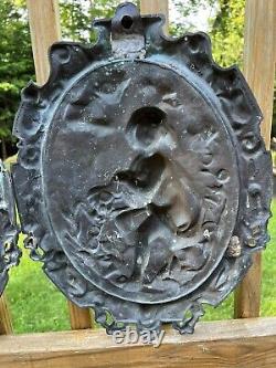 Antique Pair Of Architectural Cast Bronze Plaques Boy + Girl 17 X 12.5 Each