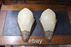 Antique Pair Of Art Deco Slip Glass Shade Wall Sconce Light Sign By Virden
