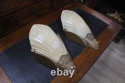 Antique Pair Of Art Deco Slip Glass Shade Wall Sconce Light Sign By Virden