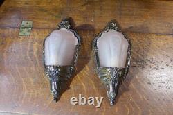 Antique Pair Of Art Deco Slip Shade Wall Sconce Glass Sign Electrolier Theater