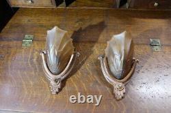 Antique Pair Of Art Deco Slip Shade Wall Sconce Glass Sign Electrolier Theater