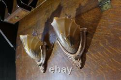 Antique Pair Of Art Deco Slip Shade Wall Sconce Glass Sign Electrolier Theater