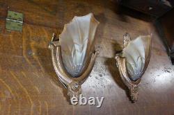 Antique Pair Of Art Deco Slip Shade Wall Sconce Glass Sign Electrolier Theater