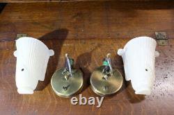 Antique Pair Of Art Deco Slip Shade Wall Sconce Glass Sign Theater Bathroom