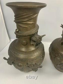 Antique Pair Of Chinese Brass Vases With Dragons Signed