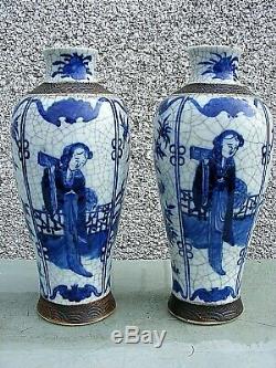 Antique Pair Of Chinese Crackle Wear Vases Blue And White Large Signed