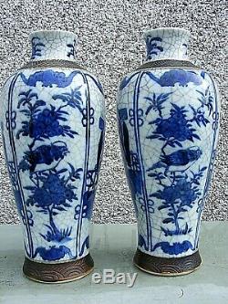 Antique Pair Of Chinese Crackle Wear Vases Blue And White Large Signed