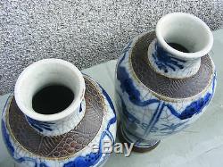 Antique Pair Of Chinese Crackle Wear Vases Blue And White Large Signed