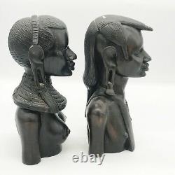 Antique Pair Of Ebony Carved African Tribal Zulu Bust Figures Signed Nzambu