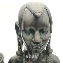 Antique Pair Of Ebony Carved African Tribal Zulu Bust Figures Signed Nzambu