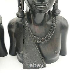 Antique Pair Of Ebony Carved African Tribal Zulu Bust Figures Signed Nzambu