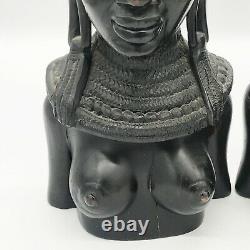 Antique Pair Of Ebony Carved African Tribal Zulu Bust Figures Signed Nzambu