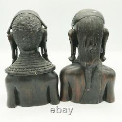 Antique Pair Of Ebony Carved African Tribal Zulu Bust Figures Signed Nzambu