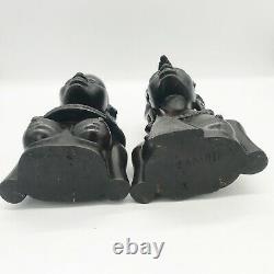 Antique Pair Of Ebony Carved African Tribal Zulu Bust Figures Signed Nzambu