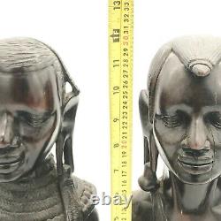 Antique Pair Of Ebony Carved African Tribal Zulu Bust Figures Signed Nzambu