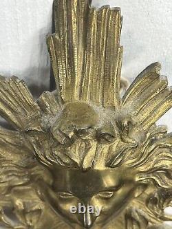 Antique Pair Of French Bronze CHERUB/PUTTI Face Sconces WithMirrors Signed TC