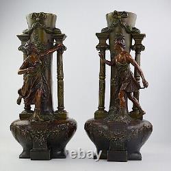 Antique Pair Of French Spelter Bronzed Figural Vases, Signed